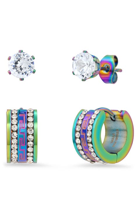 HMY JEWELRY Multi Ion Plated Stainless Steel Stud & Huggie Earrings - Set of 2