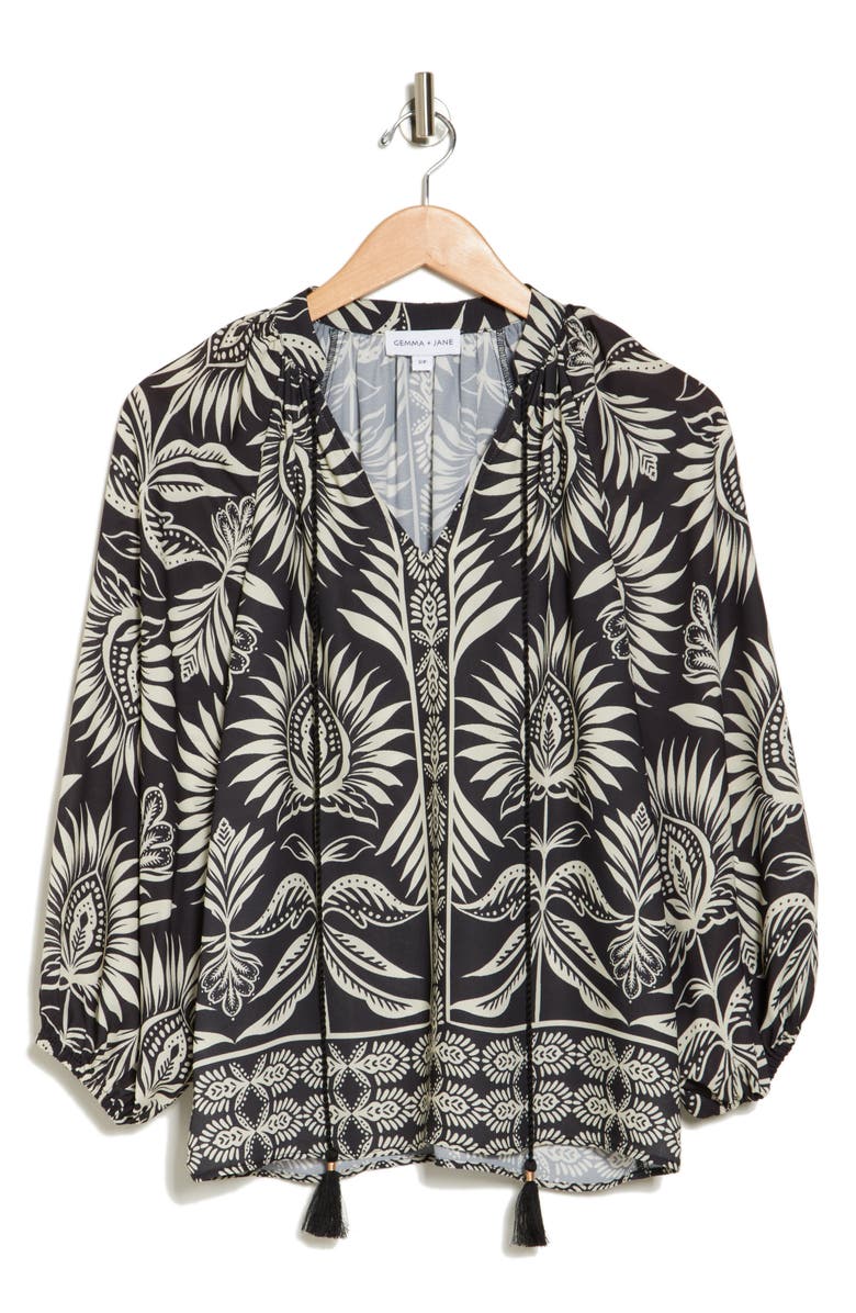 Gemma + Jane Balloon Sleeve Peasant Top, Alternate, color, Black/ Eggshell