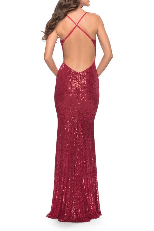 La Femme Sequin Long Dress With V Neckline And Open Low Back