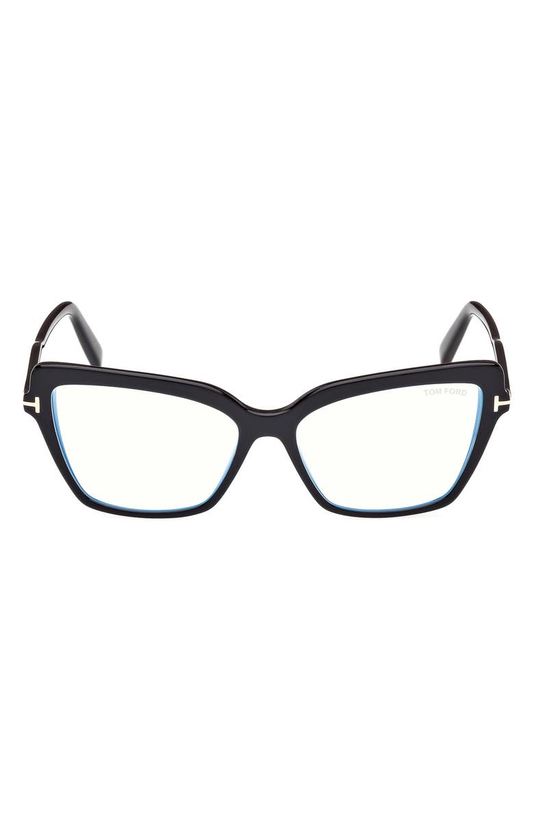 TOM FORD 55mm Cat Eye Blue Light Blocking Optical Glasses, Main, color, Black Eco / T Logo