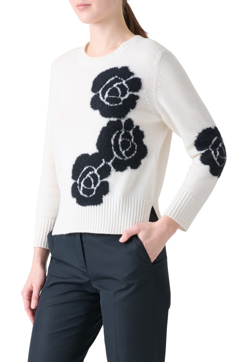 Akris Anemone Intarsia Cashmere & Silk Crewneck Sweater, Alternate, color, Ecru-Black