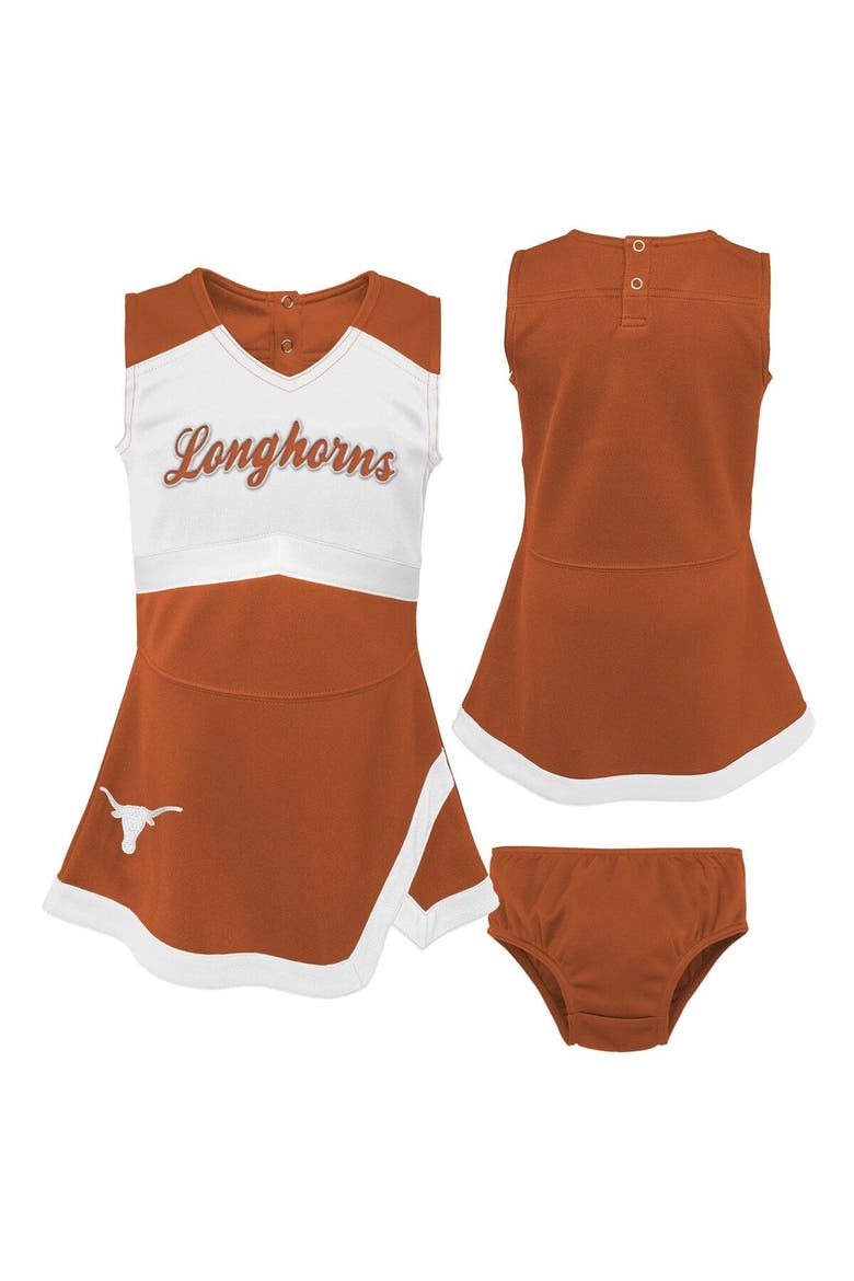 Girls Toddler Burnt Orange/White Texas Longhorns Two-Piece Cheer Captain Jumper Dress & Bloomers Set, Main, color, Burnt Orange