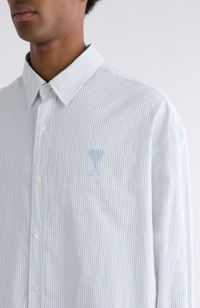 AMI PARIS Boxy Fit Ami de Coeur Stripe Cotton Poplin Button-Up Shirt, Alternate, color, 1041 White/Blue Note