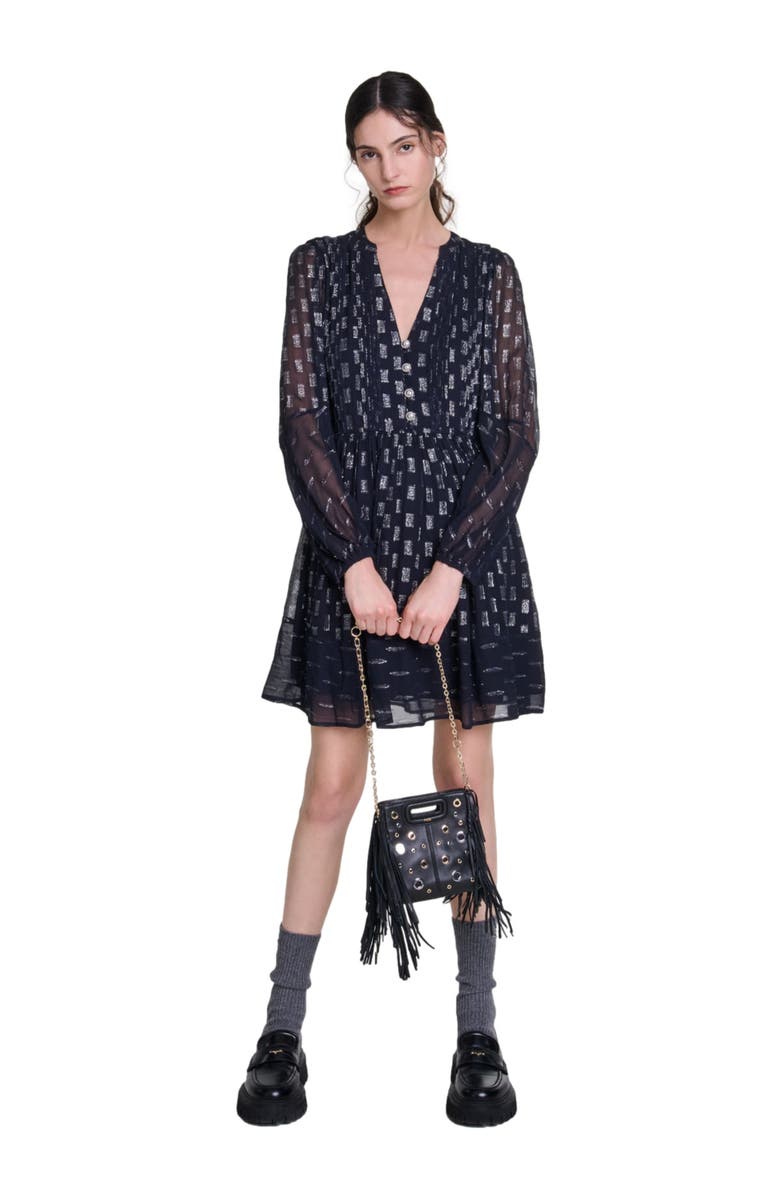 maje Pleated floral motif short dress, Main, color, 