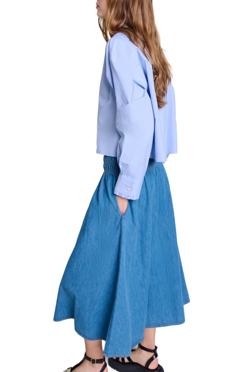 maje Smocked denim skirt, Alternate, color, 