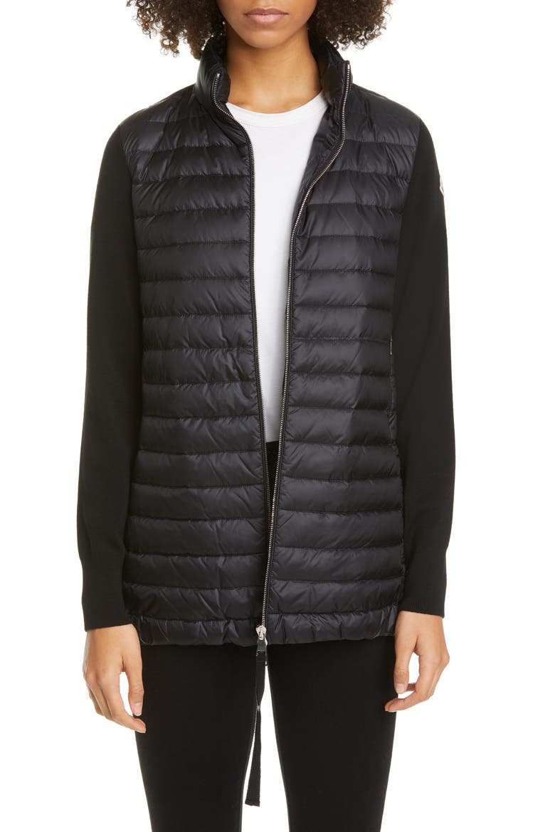 Quilted Down & Wool Long Cardigan, Main, color, BLACK
