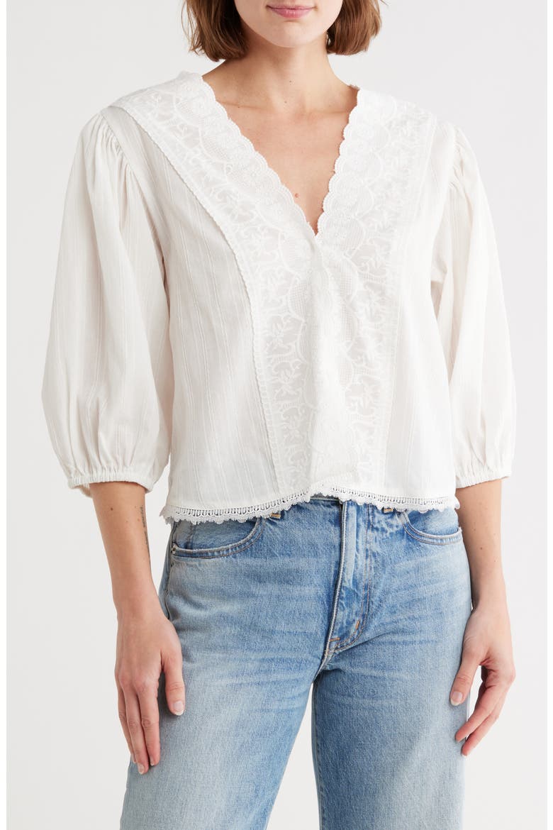Lace Trim Three-Quarter Sleeve Top, Main, color, WHITE