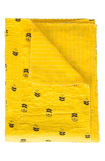 Taj Hotel Vintage Cotton Kantha Throw Blanket In Yellow