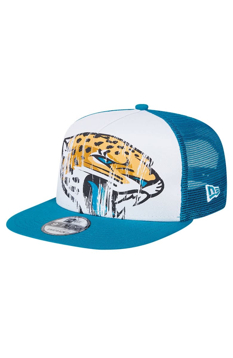 New Era Men's New Era White/Teal Jacksonville Jaguars Distressed 9FIFTY A-Frame Snapback Hat, Main, color, White