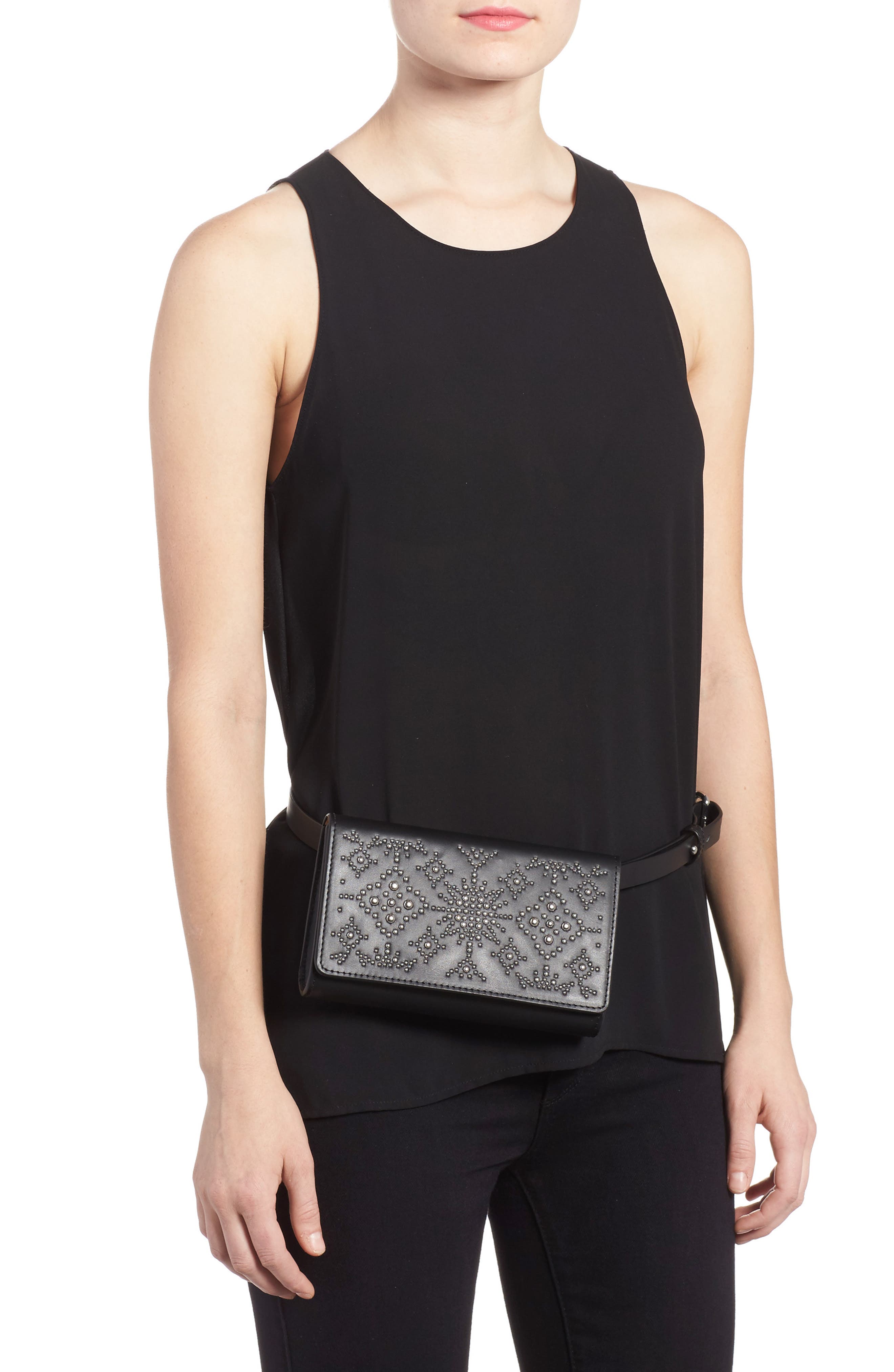 Erin Studded Calfskin Leather Belt Bag, Alternate, color, BLACK