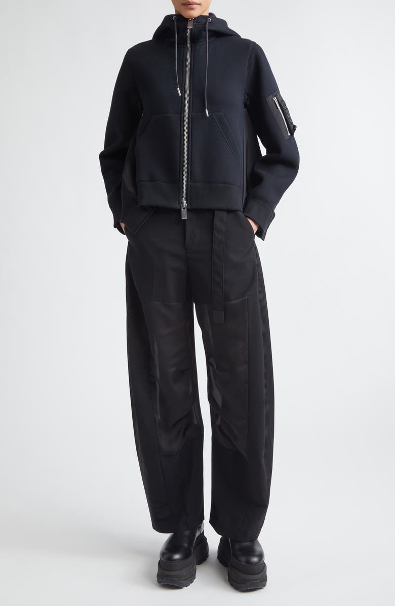 Sacai Belted Wool Suiting & Satin Barrel Leg Pants, Alternate, color, Black