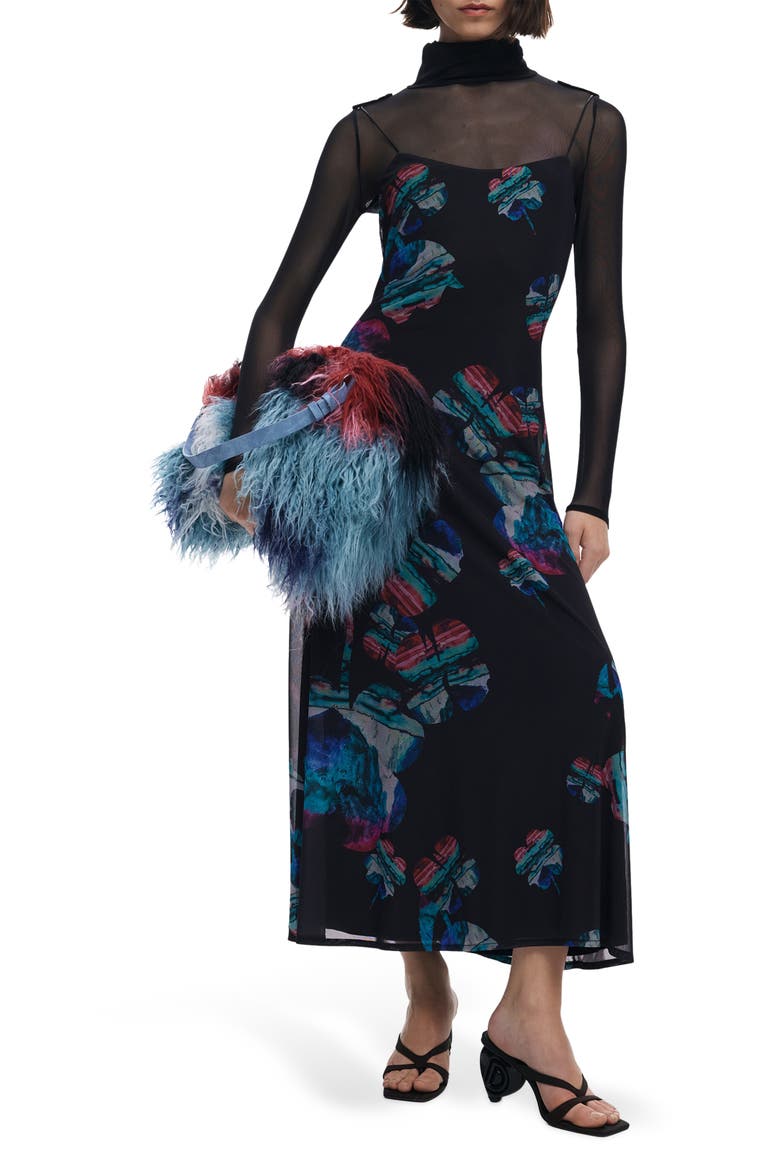 Long Sleeve Floral Print Dress, Main, color, BLACK