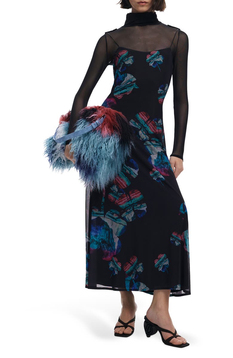 Desigual Long Sleeve Floral Print Dress, Main, color, Black