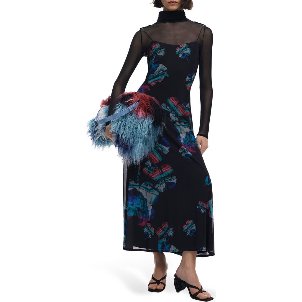 Desigual Long Sleeve Floral Print Dress In Black