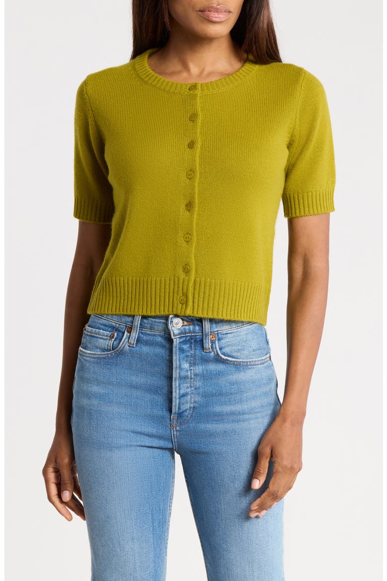 Cashmere Short-Sleeve Crewneck Cardigan, Main, color, AVOCADO OIL