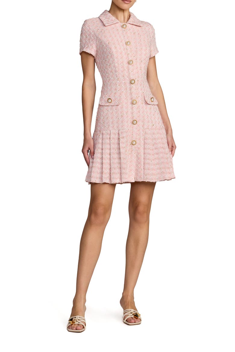 Bouclé Cap Sleeve Button Up Pleated Mini Dress, Main, color, Pink