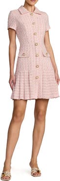 Mac Duggal Bouclé Cap Sleeve Button Up Pleated Mini Dress