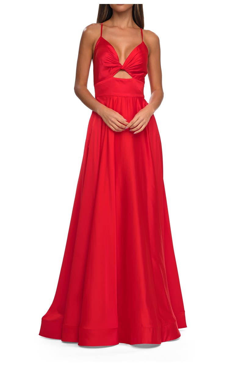 La Femme Satin A-Line Gown with Cut Out and Twist Bodice in Neon, Alternate, color, Hot Coral