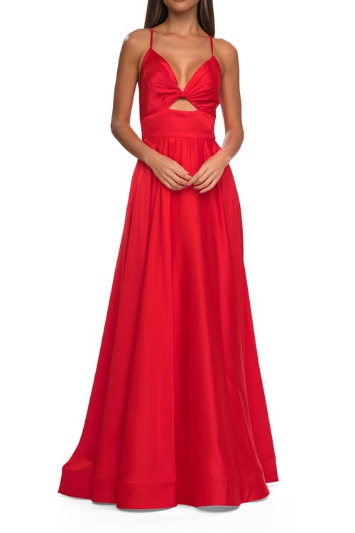 La Femme Satin A-line Gown With Cut Out And Twist Bodice In Hot Coral
