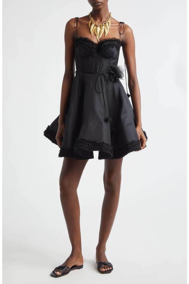 Kindred Spirit Luna Ruffle Linen & Silk Minidress, Main, color, BLACK