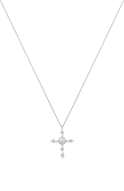 14k Gold Plated Opal Cross Necklace Faith Jewelry Holiday Gift Idea