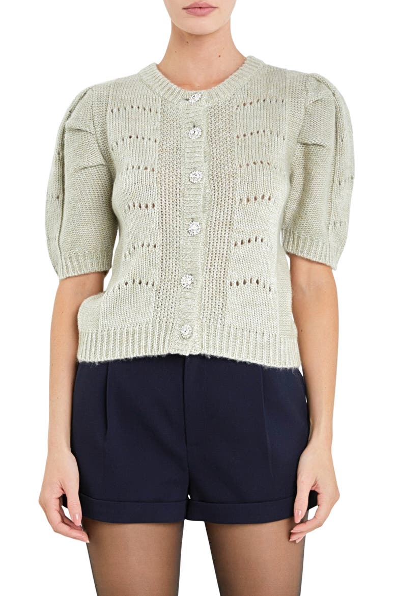 Pointelle Puff Sleeve Cardigan, Main, color, GREEN