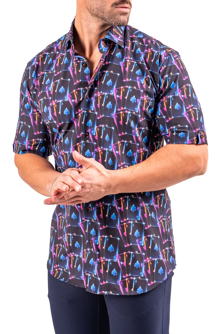 Galileo Resistance0346 Black Ace Print Short Sleeve Cotton Button-Up Shirt, Alternate, color, BLACK