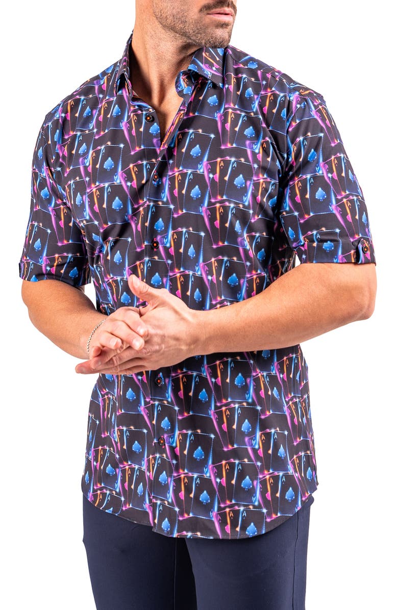 Maceoo Galileo Resistance0346 Black Ace Print Short Sleeve Cotton Button-Up Shirt, Alternate, color, Black