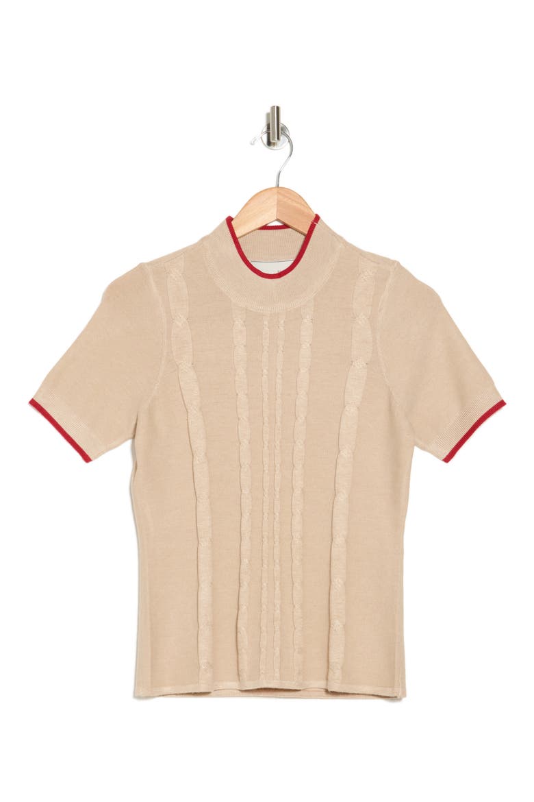 Romy Mock Neck Short Sleeve Cable Knit Sweater, Alternate, color, OATMEALHTHR/ TANGO R