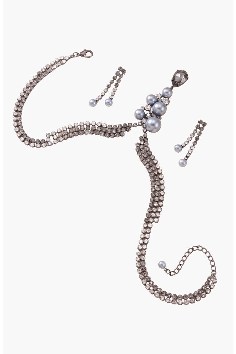 Pearl Crystal Trickling Necklace and Earring Set, Alternate, color, Gunmetal