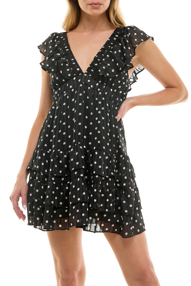 Double Ruffle Metallic Minidress, Alternate, color, BLACK/ IVORY MICRO DOT