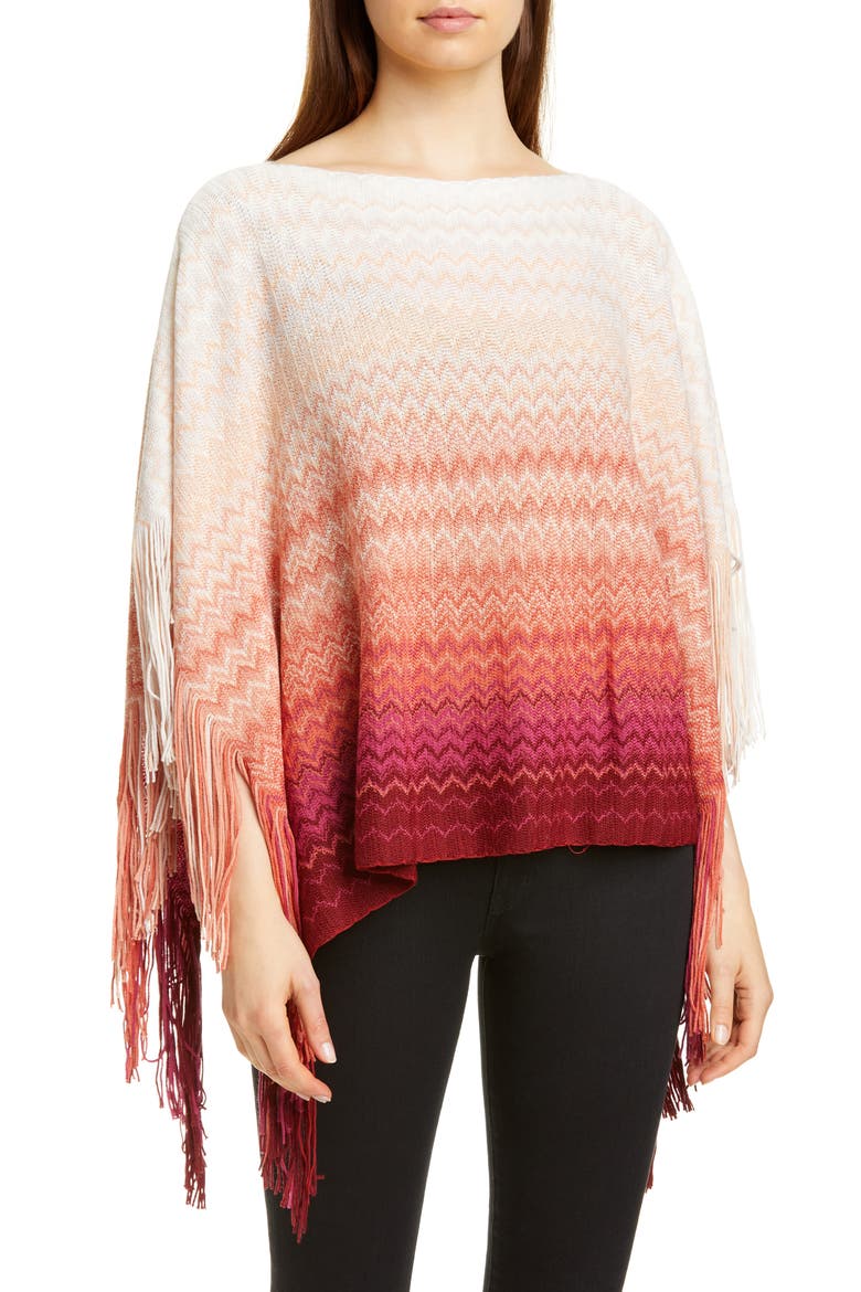 Ombré Stripe Fringe Poncho, Main, color, RED MULTI