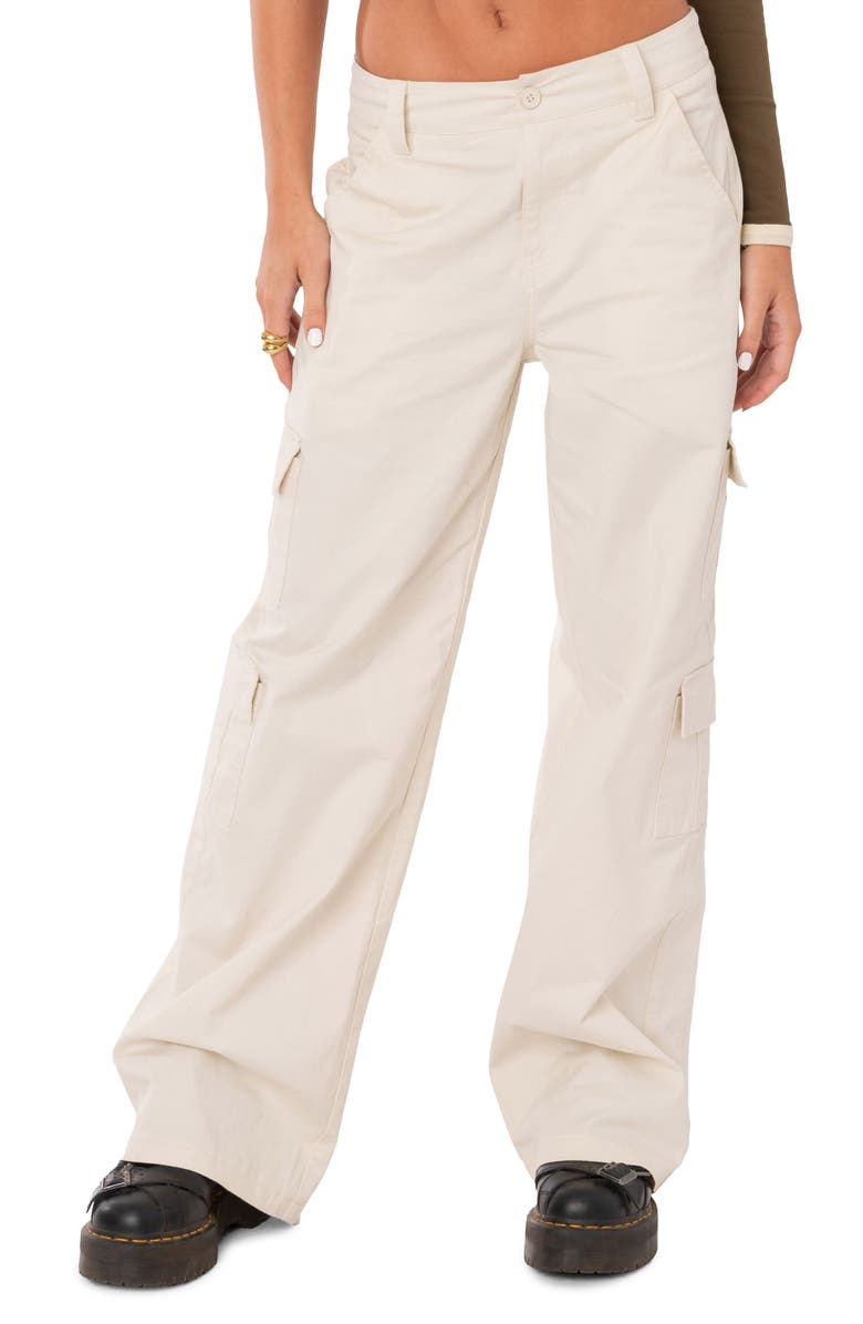 EDIKTED Zuri Cotton Twill Cargo Pants, Main, color, Beige