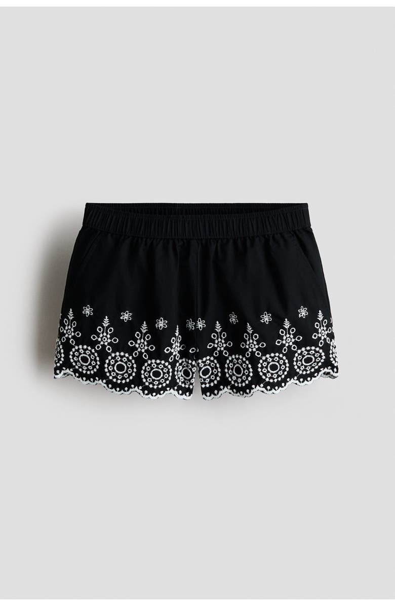 H&M Embroidered Cotton Poplin Shorts, Main, color, Black/Patterned