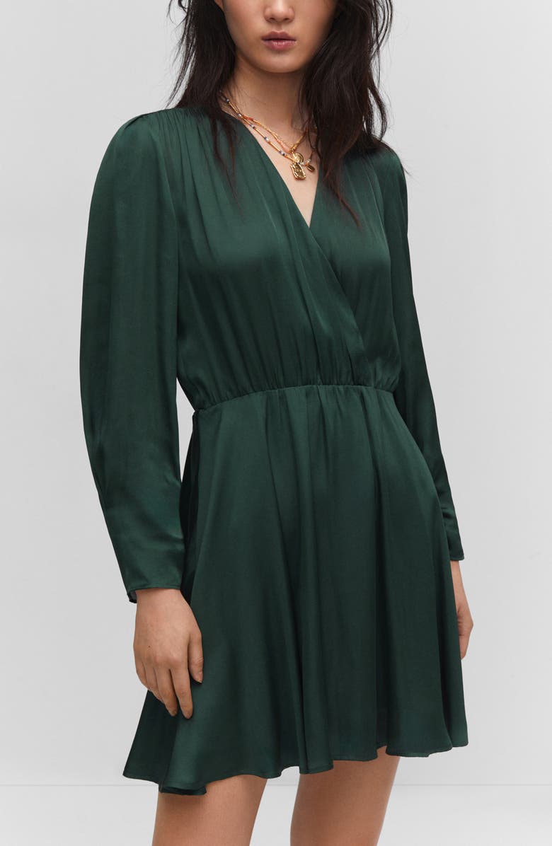 MANGO Long Sleeve Faux Wrap Satin Minidress, Alternate, color, 