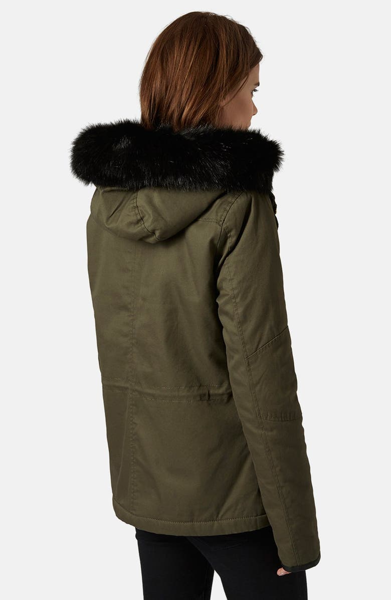 Topshop 'Walter' Hooded Cotton Parka with Faux Fur Trim, Alternate, color, 