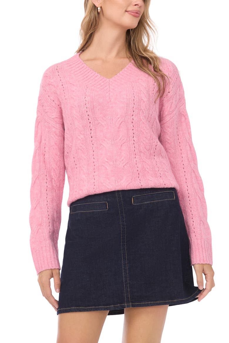 Cable Stitch V-Neck Sweater, Main, color, CANDY PINK HEATHER