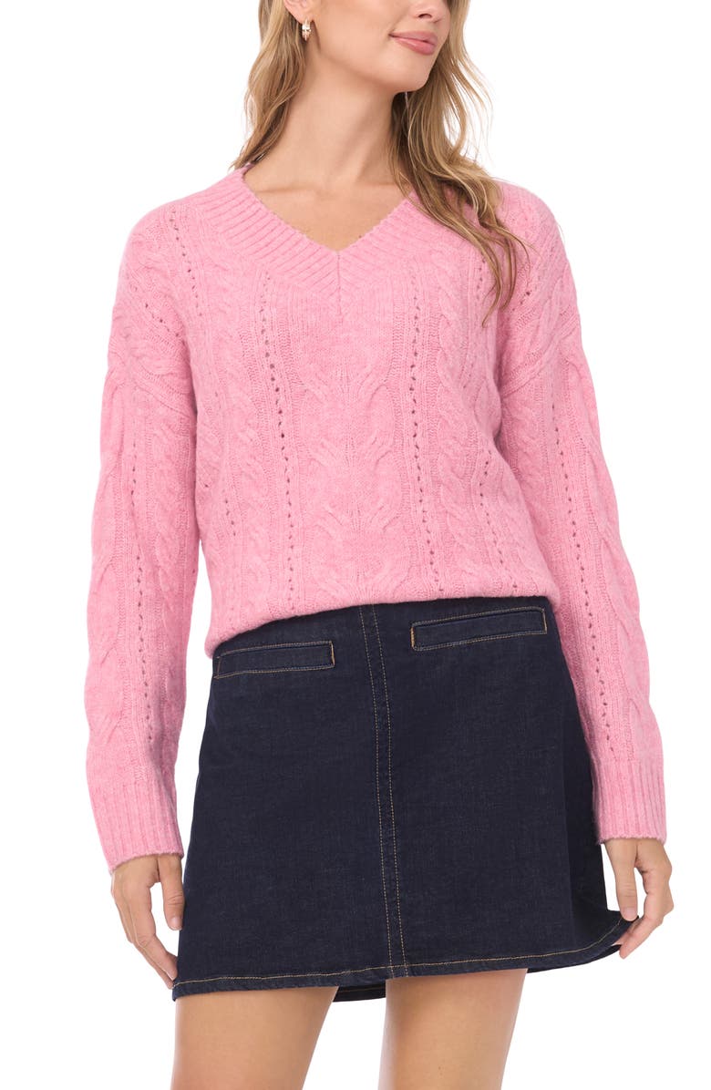 Vince Camuto Cable Stitch V-Neck Sweater, Main, color, Candy Pink Heather