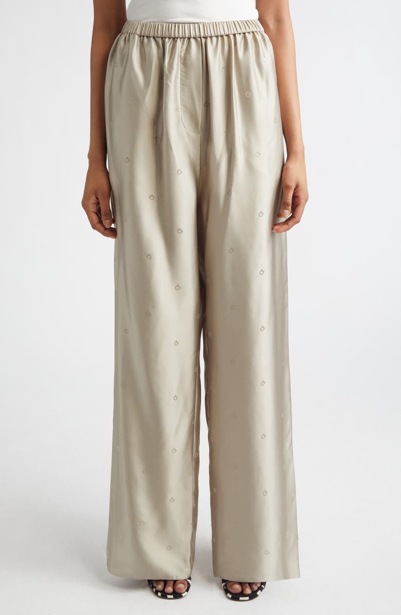FERRAGAMO Gancini Jacquard Silk Wide Leg Pants, Main, color, Safari