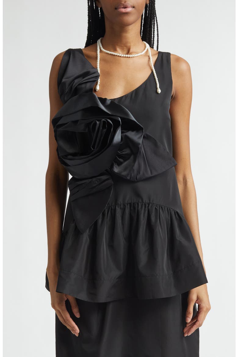 Pressed Rosette Tilted Taffeta Peplum Top, Main, color, BLACK/ BLACK