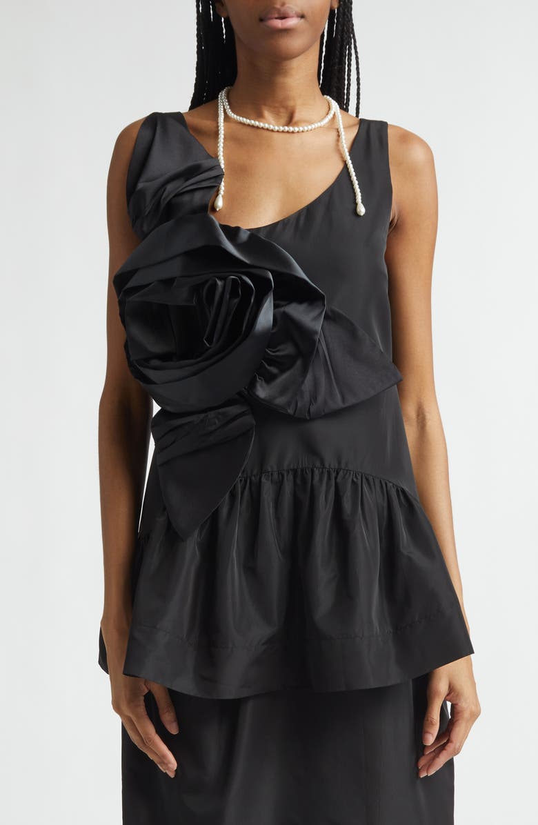 Simone Rocha Pressed Rosette Tilted Taffeta Peplum Top, Main, color, Black/ Black