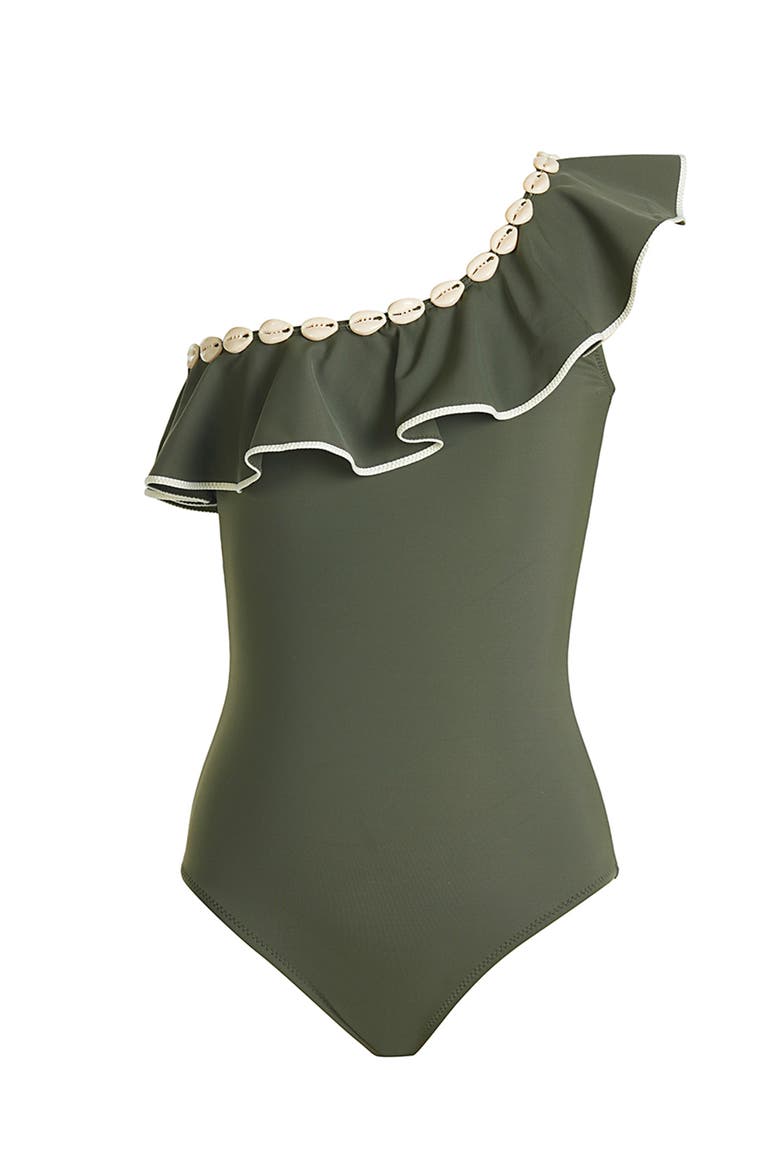 One-Shoulder Ruffle with Shell Detail One-Piece Swimsuit, Main, color, Green