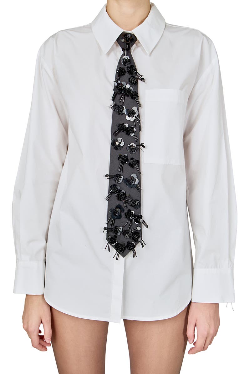 Endless Rose Detachable Sequin Tie Button-Up Shirt, Alternate, color, White