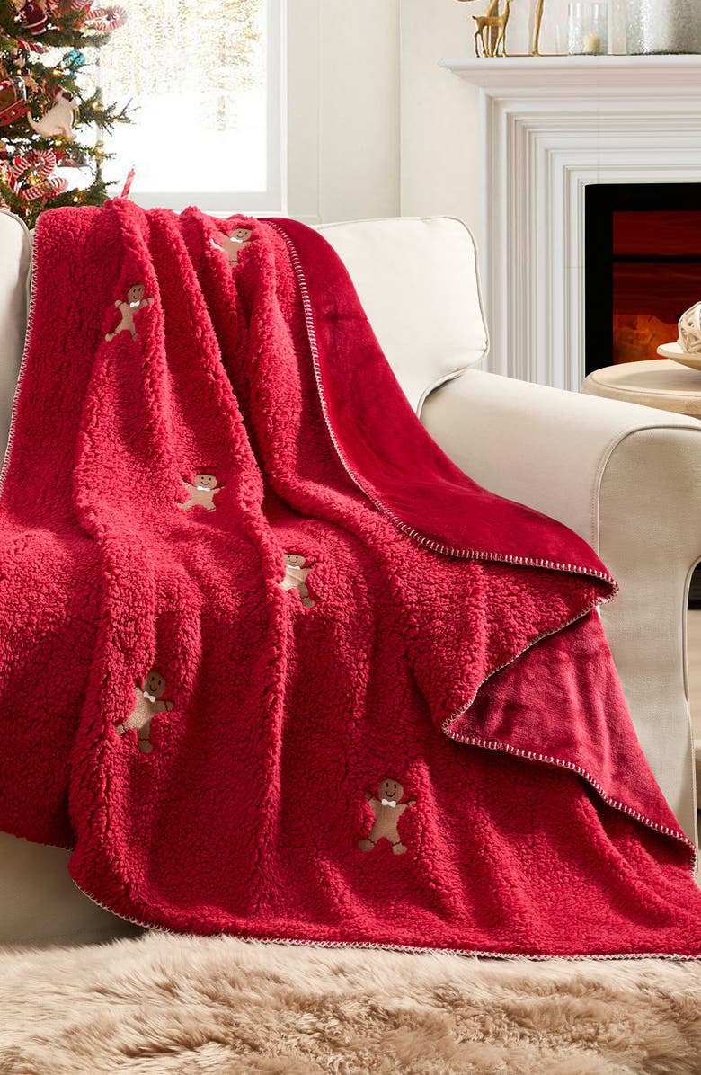 VCNY HOME Embroidered Gingerbread Man Faux Shearling Throw Blanket, Alternate, color, 