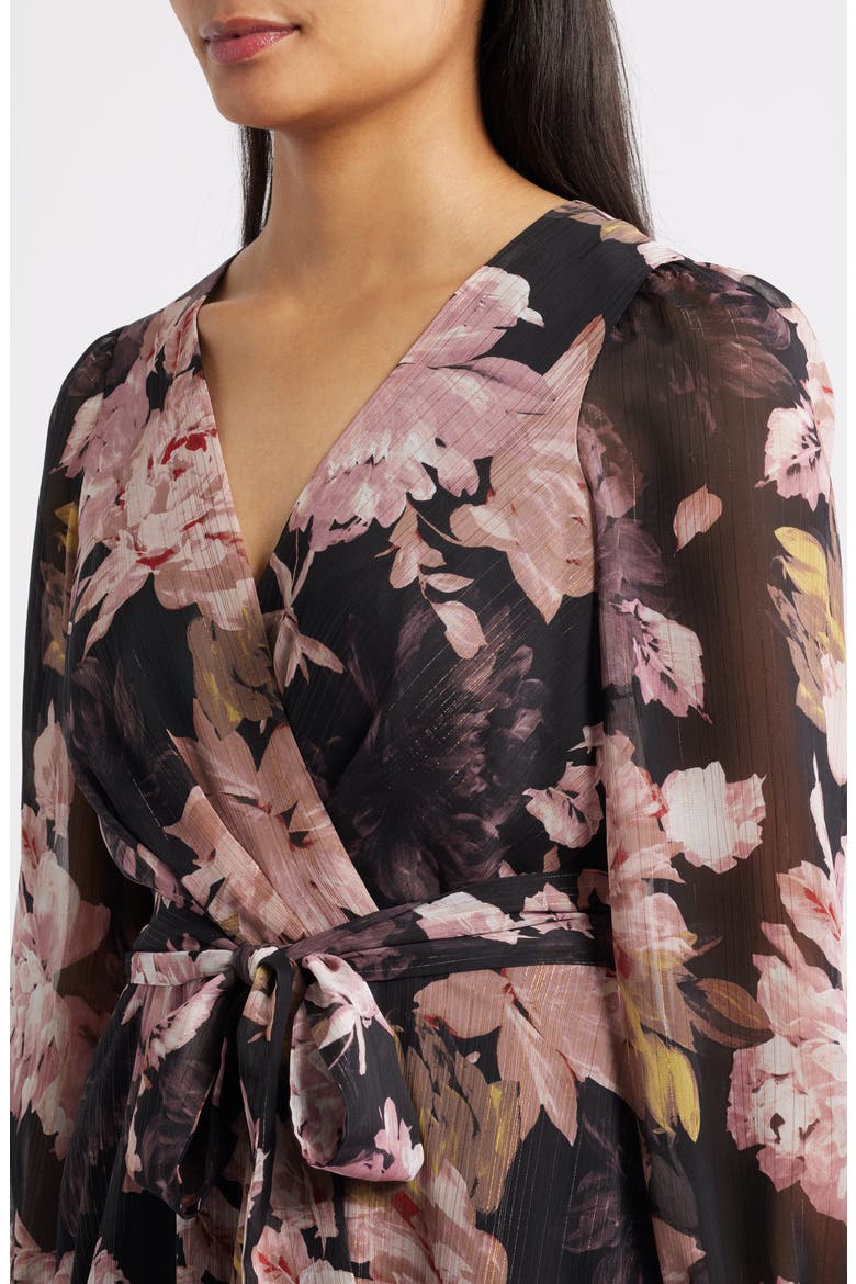 Metallic Floral Print Long Sleeve Faux Wrap Maxi Dress, Alternate, color, ANNE BLACK MULTI