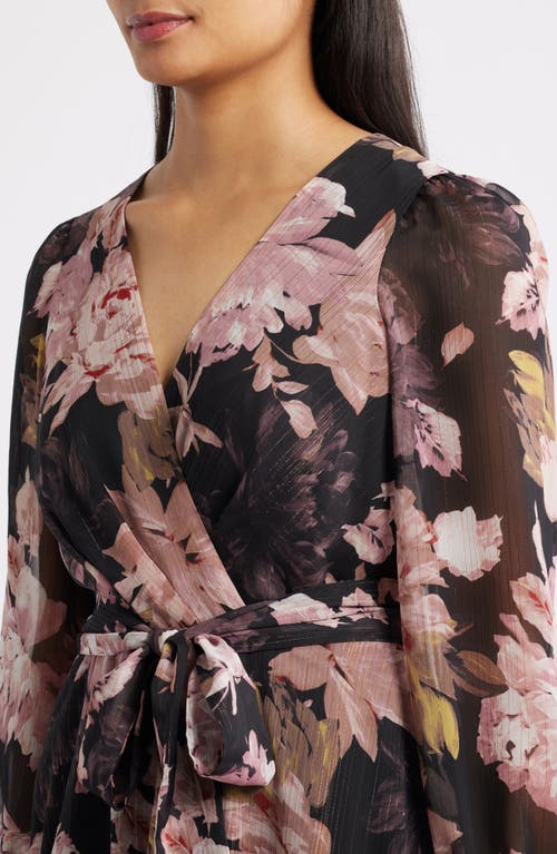 Anne Klein Metallic Floral Print Long Sleeve Faux Wrap Maxi Dress In Multi