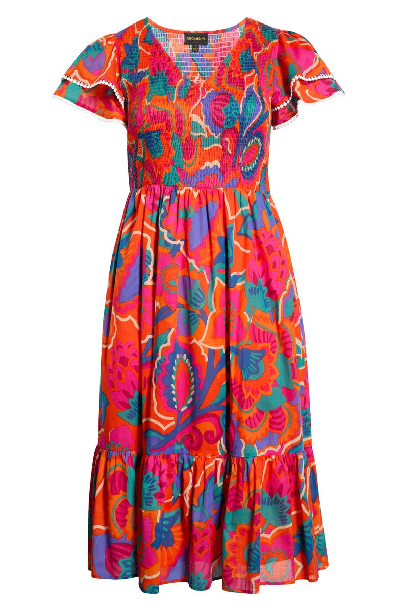 SUGARLIPS Ranchero Sunfire Floral Tiered Midi Dress, Alternate, color, Red-Multi