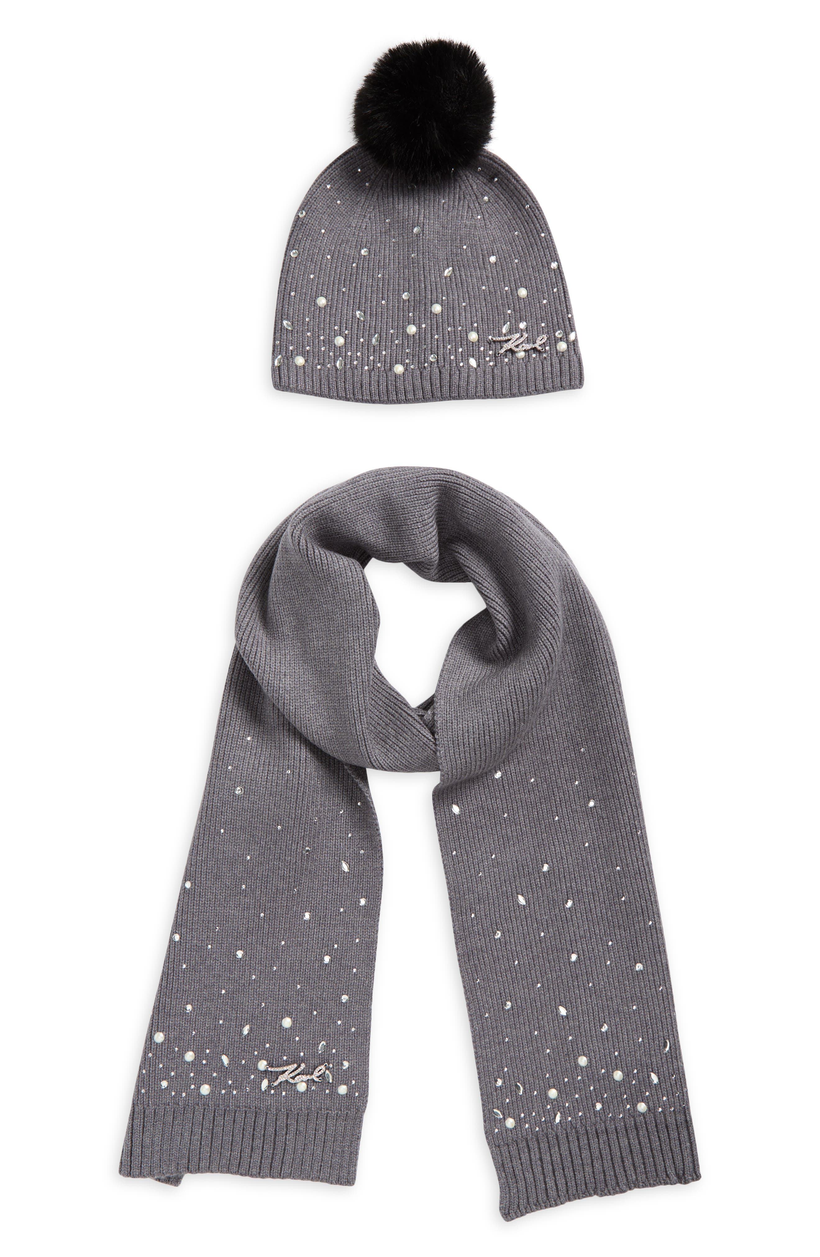 KARL LAGERFELD PARIS Scattered Crystal Faux Fur Pompom Beanie & Scarf Set