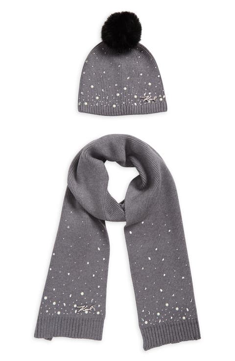 Scattered Crystal Faux Fur Pompom Beanie & Scarf Set