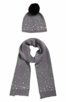 KARL LAGERFELD PARIS Scattered Crystal Faux Fur Pompom Beanie & Scarf Set